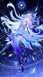 1girl absurdres bare_shoulders black_hole breasts closed_mouth dress expressionless floating_hair genshin_impact grey_hair high_heels highres holding holding_sword holding_weapon long_hair looking_at_viewer prosthesis prosthetic_arm prosthetic_leg red_eyes skirk_(genshin_impact) solo star_(sky) starry_sky_background sword very_long_hair viclim-monou weapon white_dress