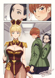 ! 1boy 2girls ? adapted_uniform anger_vein angry animal_ear_hairband animal_ears black_hair blonde_hair blue_eyes blue_eyeshadow blunt_bangs blush bow bowtie breasts brown_hair cecilia_irene character_name cleavage clenched_teeth closed_mouth commentary_request comoli_harcourt dated distracted_boyfriend_(meme) drooling epaulettes eyeshadow fake_animal_ears fishnet_pantyhose fishnets forehead green_eyes green_jacket gundam gundam_gquuuuuux hair_bun hairband highleg highleg_leotard highres holding holding_tablet_pc jacket jealous large_breasts leotard lipstick long_hair long_sleeves looking_at_another looking_at_viewer looking_back maguta makeup meme military military_jacket military_uniform mole mole_under_eye mole_under_mouth multicolored_eyes multiple_girls open_mouth pantyhose playboy_bunny rabbit_ear_hairband rabbit_ears rabbit_girl red_leotard red_shrug short_hair shrug_(clothing) side-tie_leotard single_hair_bun smile standing strapless strapless_leotard tablet_pc teeth turning_head two-tone_eyes wrist_cuffs xavier_olivette yellow_eyes