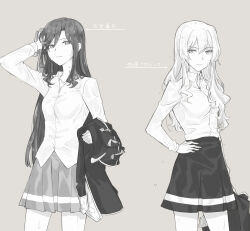 Rule 34 | 2girls, absurdres, arm at side, arm up, closed mouth, collarbone, collared shirt, commentary, cowboy shot, epaulettes, grey background, greyscale, hand in own hair, hand on own hip, highres, holding, holding jacket, holding towel, holding unworn clothes, jacket, lamey20555281, long hair, looking to the side, miniskirt, monochrome, multiple girls, pleated skirt, saijou claudine, shirt, shoujo kageki revue starlight, simple background, skirt, tendou maya, towel, translated, unworn jacket, water drop, wavy hair, wet, wet clothes, wet hair