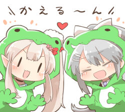 2girls :d animal_costume animal_hood blush bow brown_hair chibi closed_eyes collared_shirt elu_(1st_costume)_(nijisanji) elu_(nijisanji) frog_costume frog_hood grey_hair hair_bow hair_ornament hairclip heart higuchi_kaede higuchi_kaede_(1st_costume) hood hood_up long_hair mole mole_under_eye multiple_girls necktie nijisanji open_mouth ponytail purple_necktie rebecca_(keinelove) shirt side_ponytail smile translation_request very_long_hair virtual_youtuber white_bow white_shirt |_|