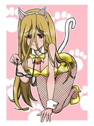 1girl animal_ear_hairband animal_ears bare_shoulders bell blonde_hair blush breasts brown_eyes cat_ear_hairband cat_ears cat_girl cat_tail cleavage closed_mouth coke-bottle_glasses collar collarbone detached_collar fake_animal_ears fake_tail fishnet_pantyhose fishnets girls_und_panzer glasses gold_leotard gold_shoes hairband hand_on_ground high_heels holding holding_removed_eyewear jingle_bell kneeling large_breasts leaning_forward leotard long_hair looking_at_viewer nekonyaa_(girls_und_panzer) nontraditional_playboy_bunny pantyhose paw_print paw_print_background pink_background playboy_bunny shoes side-tie_leotard simple_background smile tail takahashi_kurage unworn_eyewear very_long_hair white_collar white_wrist_cuffs wrist_cuffs