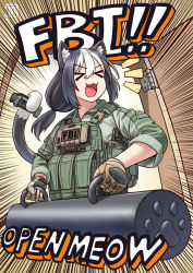 ! !! &gt;_&lt; 1girl :3 alternate_costume ammunition_pouch animal_ear_fluff animal_ears artist_logo battering_ram black_hair body_armor brown_gloves buckle cat_ears cat_tail closed_eyes commentary dated emphasis_lines english_commentary english_text fbi fbi_open_up_(meme) flashbang gloves green_jacket green_shirt highres holding holding_with_tail jacket jpc load_bearing_vest logo long_hair low-tied_long_hair low_ponytail meme multicolored_hair notice_lines open_door open_mouth original ponytail pouch prehensile_tail shirt sleeves_rolled_up snap-fit_buckle solo streaked_bangs streaked_hair tactical_clothes tail tail_hold two-tone_hair upper_body v-shaped_eyebrows white_hair