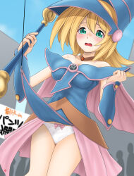 1girl absurdres assisted_exposure blonde_hair blue_robe blue_sky blush bow bow_panties breasts capelet choker cleavage cowboy_shot dark_magician_girl day embarrassed green_eyes hat highres holding holding_staff long_hair medium_breasts multiple_others nao_suke onlookers outdoors panties pentagram pink_bow pink_capelet robe signature sky solo_focus staff standing tearing_up underwear white_panties wizard_hat yu-gi-oh! yu-gi-oh!_duel_monsters