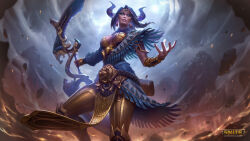 Rule 34 | 1girl, absurdres, blue sleeves, bow (weapon), breasts, circlet, cleavage, dark-skinned female, dark skin, detached sleeves, earrings, english text, green eyes, highres, holding, holding bow (weapon), holding weapon, horns, ishtar (mastery) (smite), ishtar (smite), jewelry, logo, medium breasts, official alternate costume, official art, pelvic curtain, single sleeve, smite, weapon