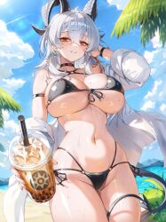 1girl absurdres alternate_costume arm_strap bare_shoulders beach bikini black_bikini black_choker black_horns black_tail blue_sky breasts choker collarbone commentary cowboy_shot criss-cross_halter cup curled_horns day demon_tail disposable_cup drinking_straw earrings front-tie_bikini_top front-tie_top groin hair_between_eyes halterneck hand_up highres holding holding_cup horns jewelry key_earrings large_breasts linea_alba long_hair looking_at_viewer mole mole_on_breast mole_under_eye morung multi-strapped_bikini_bottom multicolored_hair navel open_clothes open_shirt outdoors parted_lips red_eyes sand shirt shore side-tie_bikini_bottom sky smile solo stomach streaked_hair swimsuit tail water wet white_hair white_shirt wuthering_waves zani_(wuthering_waves)