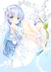 1girl bare_legs bare_shoulders barefoot blue_eyes blue_hair dress fukaya_rin gochuumon_wa_usagi_desu_ka? hairband highres kafuu_chino long_hair looking_at_viewer open_mouth sleeveless sleeveless_dress solo very_long_hair white_dress