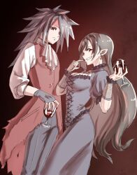 1boy 1girl alternate_costume alternate_universe ascot bervens12 black_hair black_nails breasts cleavage closed_mouth cup dress drinking_glass earrings fang final_fantasy final_fantasy_vii finger_to_mouth fingerless_gloves gloves grey_dress grey_pants grin headband highres holding holding_cup jewelry large_breasts long_hair nail_polish pants pointy_ears puffy_short_sleeves puffy_sleeves red_background red_eyes red_headband red_vest shirt short_sleeves smile teeth tifa_lockhart vampire vest vincent_valentine white_ascot white_shirt wine_glass