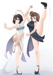 Rule 34 | 2girls, absurdres, alice gunlock, bare legs, bare shoulders, brown hair, china dress, chinese clothes, crotch seam, dress, fav faris, high kick, highres, kicking, legs, multiple girls, original, thighs