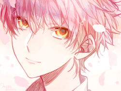 1boy closed_mouth commentary dated falling_petals hair_between_eyes highres male_focus matsunaka_hiro original petals pink_hair pink_theme portrait shirt short_hair signature smile solo tsurime white_shirt yellow_eyes