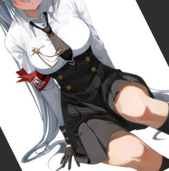 1girl absurdres armband black_gloves black_necktie black_skirt black_socks blue_archive blush breast_pocket breasts buttons closed_mouth commentary danyun_03 double-breasted dress_shirt dutch_angle facing_viewer feet_out_of_frame gloves grey_hair hair_between_eyes half_gloves high-waist_skirt highres invisible_chair iori_(blue_archive) kneehighs large_breasts light_frown long_bangs long_hair long_sleeves loose_necktie necktie pleated_skirt pocket red_armband shirt short_necktie sidelocks simple_background sitting skirt socks solo straight_hair twintails very_long_hair white_background white_shirt