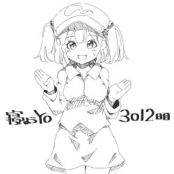1girl blush breasts cactas7 collarbone greyscale hair_bobbles hair_ornament hat highres kawashiro_nitori legs long_sleeves looking_at_viewer medium_breasts monochrome newsboy_cap open_mouth short_hair simple_background smile solo sweatdrop touhou upper_body