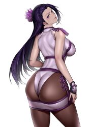 1girl absurdres bare_shoulders black_hair breasts earrings flower hair_flower hair_ornament highres jewelry large_breasts lipstick long_hair looking_at_viewer luong makeup mole mole_under_eye pantyhose purple_eyes purple_hair smile solo the_king_of_fighters the_king_of_fighters_xiv vietnamese_clothes yesman_(cvbnyesman)
