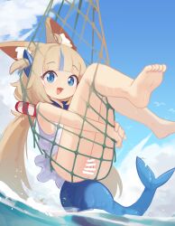 1girl absurdres animal_ears bar_censor blonde_hair blue_eyes blue_sky blue_streaks cat_ears censored day feet fins fish_tail fishing_net highres indie_virtual_youtuber kanbaki loli looking_at_viewer open_mouth outdoors pussy sameko_saba sky solo tail twintails virtual_youtuber water