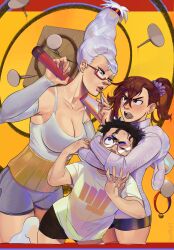 Rule 34 | 1boy, 2girls, absurdres, ayase momo, ayase seiko, baseball bat, brown hair, cigarette, couple, dandadan, glasses, grandmother and granddaughter, highres, holding, holding baseball bat, ionettam, mature female, metal baseball bat, multiple girls, smoking, takakura ken (dandadan), underwear, white hair