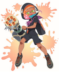 1boy :d bandana bandana_around_neck black_shirt black_shoes black_shorts dark-skinned_male dark_skin eyebrow_cut fangs full_body gradient_hair green_eyes highres holding holding_weapon hood hood_up hooded_shirt ink_tank_(splatoon) inkling_boy inkling_player_character looking_at_viewer male_focus mini_splatling_(splatoon) multicolored_hair nintendo open_mouth orange_hair pink_hair purple_bandana shirt shoes short_hair short_sleeves shorts smile sneakers solo splatoon_(series) splatoon_3 surume01417 t-shirt tentacle_hair thick_eyebrows weapon