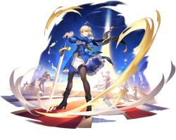 3girls 4boys ahoge artoria_pendragon_(fate) aventurine_(honkai:_star_rail) black_boots black_pantyhose blue_dress boothill_(honkai:_star_rail) boots breasts closed_mouth crossover dress fate/stay_night fate/unlimited_blade_works fate_(series) frilled_dress frills game_cg high_heels highres honkai:_star_rail honkai_(series) jade_(honkai:_star_rail) long_sleeves looking_at_viewer medium_breasts multiple_boys multiple_girls non-web_source official_art pantyhose robin_(honkai:_star_rail) saber_(fate) saber_(honkai:_star_rail)_(fate) short_dress skott_(honkai:_star_rail) standing thigh_boots transparent_background