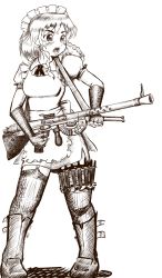 1girl automatic_rifle bad_id bad_pixiv_id boots braid brown_theme chauchat female_focus fingerless_gloves garter_belt garter_straps gloves gun highres izayoi_sakuya knife light_machine_gun machine_gun maid maid_headdress monochrome roppa simple_background solo tears thighhighs throwing_knife touhou twin_braids weapon white_background
