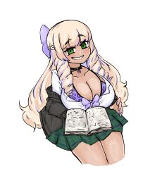 bikini blonde_hair breasts leopard_print choker dork_(_dorku) drill_hair green_skirt grin gyaru highres huge_breasts jacket kodou-sama(cownon) large_breasts long_hair mage nail_polish naughty_face ojou-sama original platinum_blonde_hair purple_highlights revealing_clothes school_uniform skirt smile smug swimsuit tan