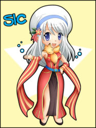 1girl :d animal animal_around_neck belt blue_belt blue_flower blush breasts commentary_request detached_sleeves dress flower fox full_body gameplay_mechanics hat hat_flower hat_ornament leaf_hat_ornament long_hair looking_at_viewer medium_breasts meruya_(catcan) open_mouth pelvic_curtain professor_(ragnarok_online) ragnarok_online red_dress red_flower red_sleeves sleeveless sleeveless_dress smile solo standing star_(symbol) star_symbol_background striped_sleeves tam_(ragnarok_online) white_hat yellow_background yellow_sleeves