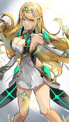 1girl 4me3ba_niku bare_shoulders blonde_hair breasts cleavage closed_mouth commentary_request cowboy_shot dress earrings elbow_gloves gloves highres jewelry large_breasts long_hair looking_at_viewer mythra_(xenoblade) short_dress simple_background skindentation solo sparkle thigh_strap tiara white_background white_dress white_gloves xenoblade_chronicles_(series) xenoblade_chronicles_2 yellow_eyes