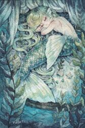1girl blonde_hair blue_theme closed_eyes commentary_request fins head_fins highres long_hair mermaid monster_girl original painting_(medium) rusetsuksr sleeping solo starfish traditional_media underwater watercolor_(medium)