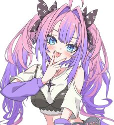 1girl ahoge arm_warmers bare_shoulders black_bow black_bra blue_eyes bow bra bra_over_clothes breasts closed_mouth clothing_cutout commentary_request cropped_shirt eyelashes fingernails hair_bow hair_intakes highres hololive hololive_dev_is kikirara_vivi long_hair looking_at_viewer medium_breasts multicolored_hair nail_polish pink_hair pink_nails purple_arm_warmers purple_hair shirt short_sleeves shoulder_cutout simple_background smile solo stomach streaked_hair tongue tongue_out twintails underwear very_long_hair virtual_youtuber w w_over_mouth white_background white_shirt yu_d1005