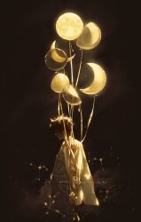 1boy balloon brown_hair constellation crescent crescent_balloon grey_pants grey_shirt highres holding holding_balloon jacket original pants rido_(ridograph) shirt short_hair solo white_jacket