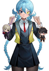 1girl absurdres ai_the_somnium_files ai_the_somnium_files:_nirvana_initiative black_dress black_eyes black_hair blonde_hair brown_pantyhose character_doll closed_mouth collared_shirt cowboy_shot date_kaname doll dress eyepatch grey_eyes heterochromia highres hikariace medium_hair necktie okiura_mizuki pantyhose red_eyes red_necktie ryuki_kuruto school_uniform sekiba_girls&#039;_high_school_uniform shirt simple_background smile solo vest white_background white_shirt yellow_eyes yellow_vest