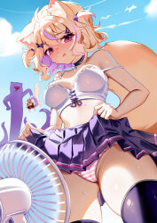 1girl alheitrakzoth animal_ear_fluff animal_ears black_thighhighs blonde_hair breasts camisole cat_ears cat_girl cat_tail clothes_lift colored_inner_hair electric_fan facial_mark highres indie_virtual_youtuber lifting_own_clothes lifting_person medium_breasts medium_hair multicolored_hair open_mouth panties pleated_skirt pokatto_(squchan) pout purple_hair red_eyes shyrei_faolan skirt skirt_lift squchan strap_slip striped_clothes striped_panties sweat tail tentacles thighhighs two-tone_hair underwear virtual_youtuber whisker_markings white_camisole