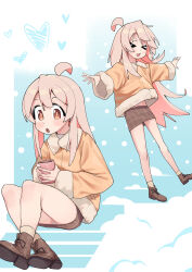 &gt;_&lt; 1girl :d :o absurdres ahoge araimelon bare_legs blue_background boots brown_boots brown_eyes brown_skirt commentary crossed_ankles cup english_commentary fur-trimmed_jacket fur-trimmed_sleeves fur_trim heart highres holding holding_cup jacket light_blush long_hair long_sleeves miniskirt multiple_views onii-chan_wa_oshimai! open_mouth outstretched_arms oyama_mahiro pink_hair simple_background sitting skirt smile snowing socks spread_arms standing very_long_hair xd yellow_jacket