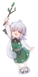 1girl absurdres ahoge arm_up black_bow black_bowtie black_shoes bow bowtie closed_eyes collared_shirt fang frilled_skirt frills full_body green_skirt green_vest grey_hair gumingdi_ban high_heels highres hitodama hitodama_print holding holding_stick konpaku_youmu long_sleeves open_mouth shirt shoes short_hair simple_background skin_fang skirt skirt_set socks solo stick touhou vest white_background white_shirt white_socks