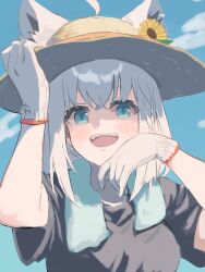 Rule 34 | 1girl, :d, adjusting clothes, adjusting headwear, ahoge, alternate costume, animal ear fluff, animal ears, arm up, black shirt, blue eyes, blue sky, braid, cloud, ears through headwear, flower, fox ears, fox girl, gloves, hand up, hat, hat flower, highres, hololive, kohitsujida, open mouth, outdoors, portrait, shirakami fubuki, shirt, short sleeves, side braid, sidelocks, sky, smile, solo, straw hat, sunflower, sweatdrop, t-shirt, teeth, upper teeth only, virtual youtuber, white gloves, white hair, yellow flower
