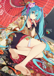 1girl ahoge aqua_eyes aqua_hair barefoot beek character_name copyright_name dutch_angle feet female_focus flower foot_focus full_body hair_flower hair_ornament hatsune_miku highres japanese_clothes long_hair looking_at_viewer nail_polish oil-paper_umbrella soles solo toenail_polish toenails toes twintails umbrella very_long_hair vocaloid