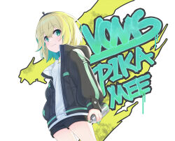 1girl alternate_costume amano_pikamee black_jacket black_shorts blonde_hair can character_name closed_mouth colored_inner_hair copyright_name graffiti green_hair green_nails holding holding_can jacket looking_at_viewer multicolored_hair nail_polish paint_can shirt short_hair shorts smile solo streaked_hair ugaaaa1 virtual_youtuber voms white_shirt