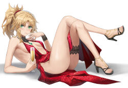 Rule 34 | 1girl, bare legs, bare shoulders, blonde hair, blush, braid, breasts, champagne flute, crossed legs, cup, dress, drinking glass, fate/apocrypha, fate (series), feet, green eyes, high heel sandals, high heels, highres, legs, long hair, looking at viewer, mordred (fate), no panties, parted bangs, ponytail, red dress, sandals, sidelocks, small breasts, solo, strappy heels, toenails, toes, tonee
