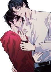 2boys absurdres alternate_universe arm_around_waist belt black_belt black_hair black_pants blush chinese_commentary collared_shirt contemporary dao_gui_yi_xian eyepatch glasses grey_eyes hair_between_eyes hand_on_another&#039;s_hip hand_on_another&#039;s_waist hand_up height_difference highres holding_another&#039;s_wrist hood hood_down hoodie hug li_huowang li_huowang_(modern_world) long_sleeves looking_at_another male_focus medical_eyepatch multiple_boys official_alternate_costume official_alternate_hair_length official_alternate_hairstyle one_eye_covered pants parted_lips qing_wanglai red_eyes red_hoodie ringed_eyes scar scar_on_face shirt short_hair simple_background smile teeth white_background white_shirt wuzi3742 yaoi