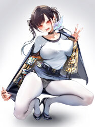 Rule 34 | 1girl, absurdres, black collar, black jacket, black panties, black shoes, blue skirt, blush, bra visible through clothes, breasts, collar, commentary request, full body, goddess of victory: nikke, high heels, highres, jacket, junpaku karen, large breasts, long hair, looking at viewer, miniskirt, open clothes, open jacket, open mouth, opened by self, panties, panties under pantyhose, pantyhose, red eyes, shirt, shoes, simple background, skirt, smile, solo, sora (nikke), squatting, twintails, underwear, v, white background, white pantyhose, white shirt