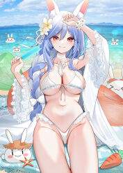 1girl absurdres beach belly bikini blue_hair braid breasts carrot flower food frilled_bikini frilled_panties frills hair_ornament highres hololive ice_cream jewelry large_breasts long_hair looking_at_viewer mature_female multicolored_hair navel necklace ocean orange_eyes outdoors panties pekomama pekomon_(usada_pekora) rabbit_ears sky smile solo swimsuit towel underwear virtual_youtuber white_bikini white_hair yukineko1018