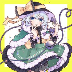 1girl :3 black_bow black_bowtie black_hat border bow bowtie capelet center_frills confetti emico frilled_bow frilled_skirt frilled_sleeves frills fur-trimmed_capelet fur-trimmed_skirt fur_trim green_capelet green_eyes green_hair green_nails green_skirt hat hat_bow hat_ribbon heart heart_of_string highres holding holding_phone koishi_day komeiji_koishi phone ribbon shirt skirt third_eye touhou v v_over_mouth white_background wrist_bow yellow_border yellow_bow yellow_ribbon yellow_shirt