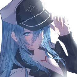 1girl 2311766793 adjusting_clothes adjusting_headwear akame_ga_kill! black_jacket blue_eyes blue_hair breasts chest_tattoo cleavage closed_mouth esdeath hair_between_eyes hat jacket long_hair long_sleeves looking_at_viewer peaked_cap solo tattoo upper_body
