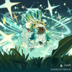 :d amehatobook animal_focus commentary_request full_body gen_8_pokemon grass nintendo no_humans open_mouth outdoors pokemon pokemon_(creature) pokemon_focus sheep sky smile solo terastallization tongue watermark wooloo