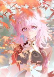 1girl absurdres autumn_leaves belt black_dress blue_belt blue_eyes breasts chinese_clothes closed_mouth commentary dress earrings flower hair_flower hair_ornament hairpin highres honkai:_star_rail honkai_(series) jacket jewelry leaf march_7th_(honkai:_star_rail) march_7th_(hunt)_(honkai:_star_rail) medium_breasts medium_hair motion_blur multicolored_eyes official_alternate_costume official_alternate_hairstyle open_clothes open_jacket pink_eyes pink_hair pink_pupils red_jacket shuangyaji single_earring smile two-tone_eyes underbust upper_body yimi_(jwee7342)