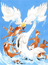 animal antlers beak bird blue_background blue_sky brown_fur closed_eyes creature creature_focus day deer dripping feathered_wings feathers fleebites full_body head_down highres horns no_humans original outdoors partially_submerged sky swan traditional_media water waving white_feathers white_fur white_wings wings