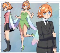 1girl absurdres ahoge bare_shoulders black_boots black_necktie black_pants black_skirt blue_background blue_eyes boots buttons cardigan closed_mouth commentary cosplay crossover dress english_commentary fairy fairy_wings formal_clothes gallica_(metaphor:_refantazio) gekkoukan_high_school_uniform gjh green_dress green_shoes grey_hairband hairband highres looking_at_viewer looking_to_the_side metaphor:_refantazio necktie orange_hair pants persona persona_3 pink_cardigan school_uniform shoes short_hair simple_background skirt smile strapless strapless_dress suit takeba_yukari takeba_yukari_(cosplay) tinker_bell_(disney) tinker_bell_(disney)_(cosplay) walt_disney&#039;s_peter_pan wings