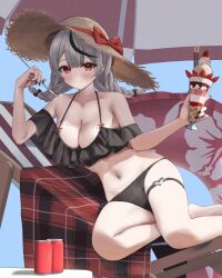 1girl alternate_costume ara1e armpit_crease bare_shoulders beach_umbrella bikini black_bikini black_hair black_nails blush braid breasts can chair cleavage collarbone commentary_request cup double-parted_bangs drink_can ear_piercing fingernails food frilled_bikini frills grey_hair hat heart heart_o-ring holding holding_cup holding_spoon hololive large_breasts light_smile long_hair looking_at_viewer lounge_chair low_twin_braids lying navel o-ring o-ring_thigh_strap on_side parfait piercing red_eyes sakamata_chloe solo spoon stomach straw_hat strawberry_parfait sun_hat swim_ring swimsuit thigh_strap twin_braids umbrella virtual_youtuber