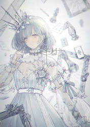 1girl ace_(playing_card) ace_of_spades broken_mirror card chess_piece crown dress grey_eyes highres king_(chess) knight_(chess) long_sleeves looking_at_viewer mirror original pawn_(chess) playing_card queen_(chess) see-through_clothes senryoko short_hair silver_hair spade_(shape) vial white_dress white_theme