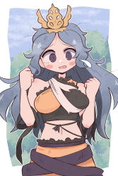 1girl bare_shoulders black_shirt blush_stickers border breasts chirizuka_ubame commentary_request cowboy_shot embarrassed grey_eyes grey_hair highres kurachi_mizuki large_breasts long_hair looking_at_viewer midriff navel open_mouth orange_skirt outside_border parted_bangs shirt skirt sleeveless sleeveless_shirt solo touhou white_border