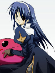 Rule 34 | 1girl, 2000s (style), :3, aqua (prescott), black dress, black thighhighs, blue hair, brown eyes, brown gloves, closed mouth, commentary request, cowboy shot, dress, garter straps, gloves, hairband, juliet sleeves, long hair, long sleeves, looking at viewer, poring, priest (ragnarok online), puffy sleeves, ragnarok online, side slit, simple background, slime (creature), smile, solo, thighhighs, white background, white hairband
