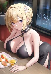1girl absurdres alternate_costume ass black_dress blush bracelet breast_rest breasts breasts_on_table building butt_crack closed_mouth collarbone commentary cup dress drinking_glass elbow_on_table elbow_rest evelyn_chevalier flower food gold_bracelet hair_flower hair_intakes hair_ornament halter_dress halterneck head_rest highres indoors jewelry large_breasts leaning_forward long_hair looking_at_viewer nay plant plate potted_plant sleeveless sleeveless_dress smile solo white_flower zenless_zone_zero