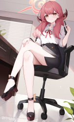 1girl absurdres aru_(blue_archive) bare_legs black_skirt blue_archive chair collared_shirt desk full_body halo hand_up high_heels highres holding holding_pen horns long_hair miniskirt office office_chair origami_(poinia) pen pink_hair shirt shirt_tucked_in side_slit sitting skirt solo swivel_chair thighs white_shirt window window_blinds yellow_eyes